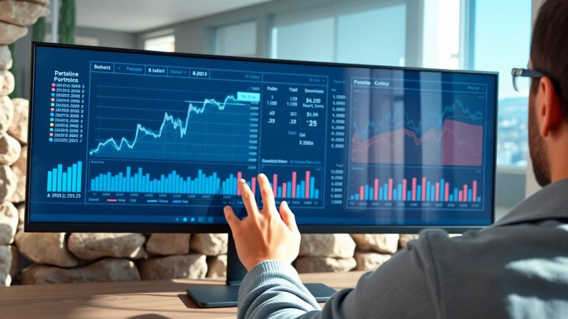 Virtualni naložbeni dashboard s portfeljskimi grafikoni na monitorju